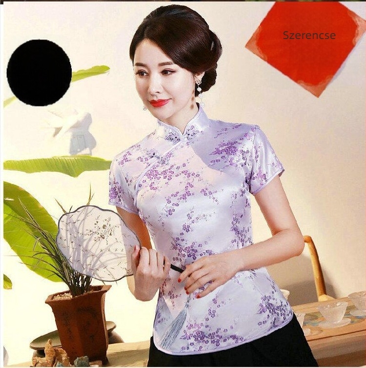 Jadeite Lady – Fejlesztett retro cheongsam felső kínai retro Tang-stílusú, hanfu, Zen tea munkaruházat