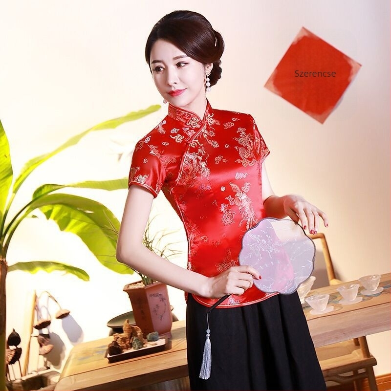 Jadeite Lady – Fejlesztett retro cheongsam felső kínai retro Tang-stílusú, hanfu, Zen tea munkaruházat