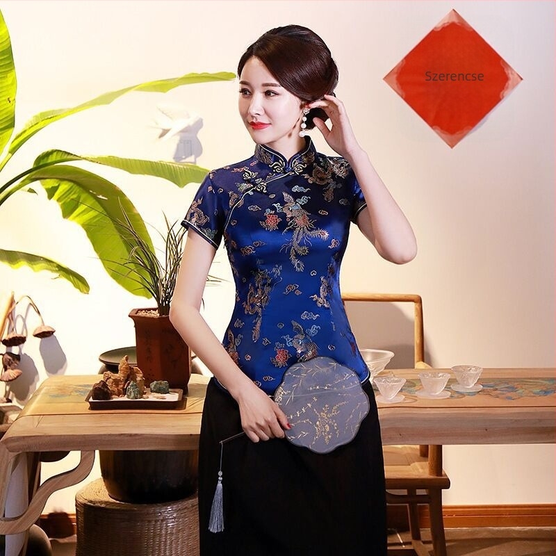 Jadeite Lady – Fejlesztett retro cheongsam felső kínai retro Tang-stílusú, hanfu, Zen tea munkaruházat