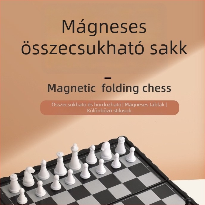 Gyermekeknek készült hordozható mágneses sakkasztal, damával és kilenc bábuval, két játékos számára