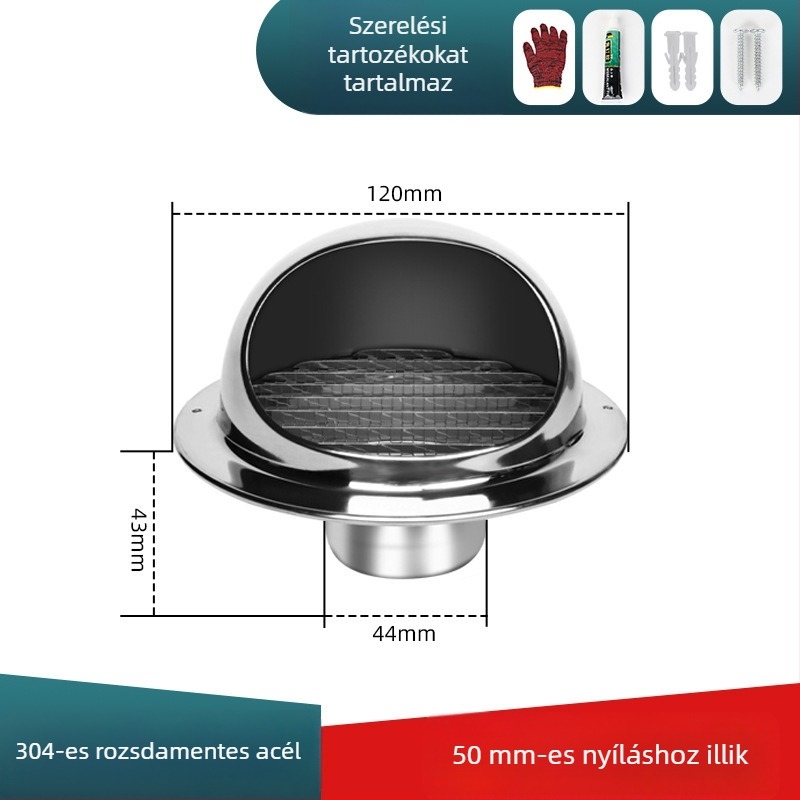 304 rozsdamentes acélból készült külső falra szerelhető szellőző sapka, kifúvónyílás fedél, időjárásálló