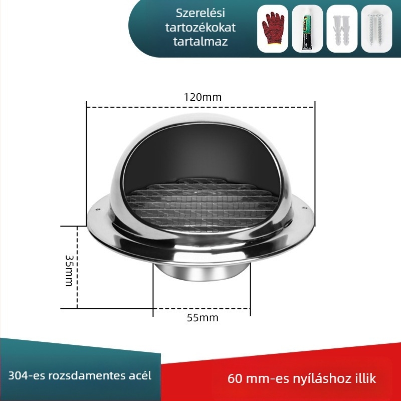304 rozsdamentes acélból készült külső falra szerelhető szellőző sapka, kifúvónyílás fedél, időjárásálló