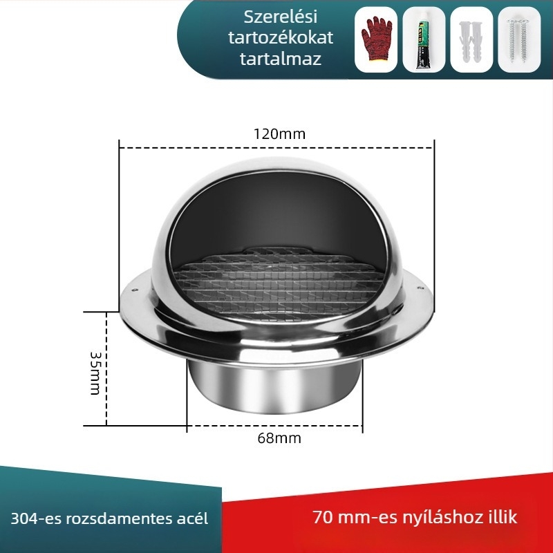 304 rozsdamentes acélból készült külső falra szerelhető szellőző sapka, kifúvónyílás fedél, időjárásálló