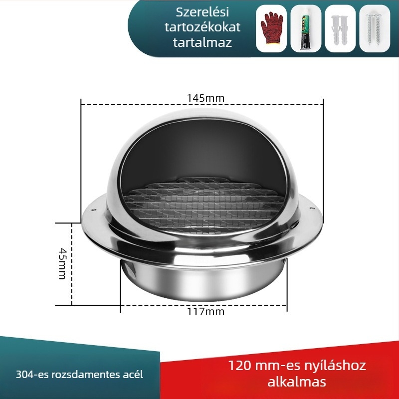 304 rozsdamentes acélból készült külső falra szerelhető szellőző sapka, kifúvónyílás fedél, időjárásálló