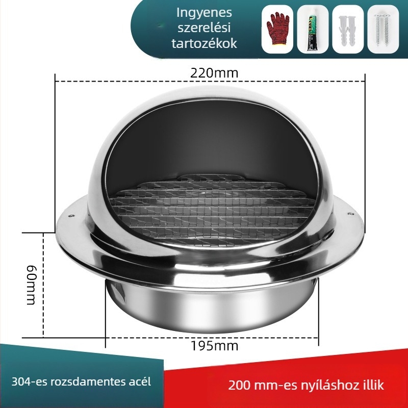 304 rozsdamentes acélból készült külső falra szerelhető szellőző sapka, kifúvónyílás fedél, időjárásálló