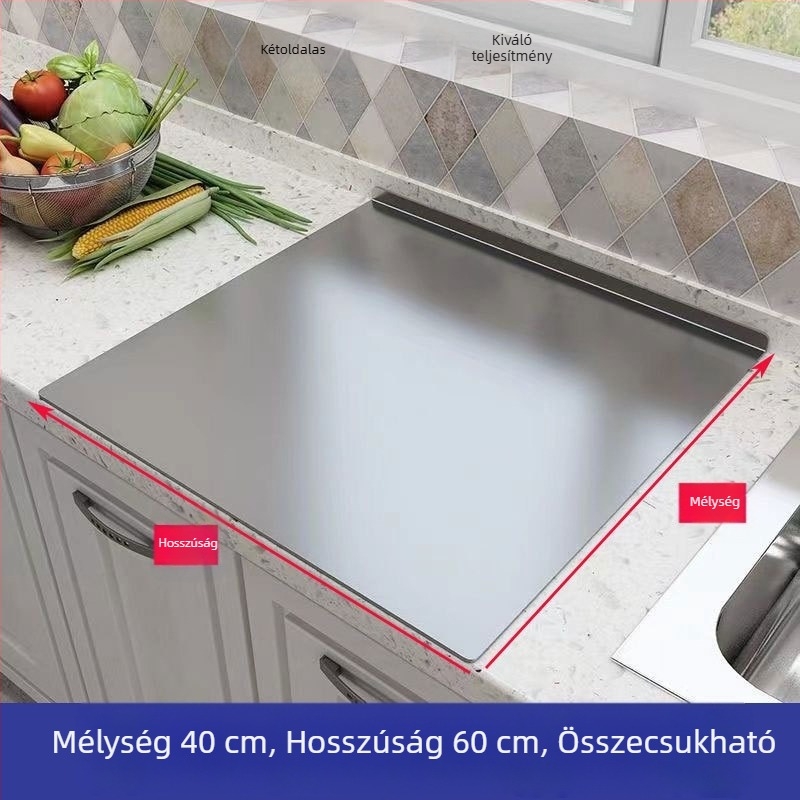 Konyhai rozsdamentes acél vágódeszka – dagasztáshoz, nyújtáshoz és sütéshez; nagy, vastag gyümölcs- és zöldségvágó deszka