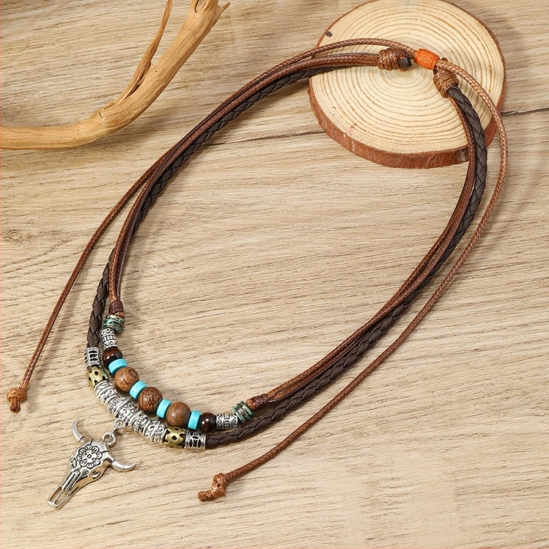 Uniszex retro bőr nyaklánc kerámia‑ötvözet és fa gyöngyökkel, hosszú lánccal