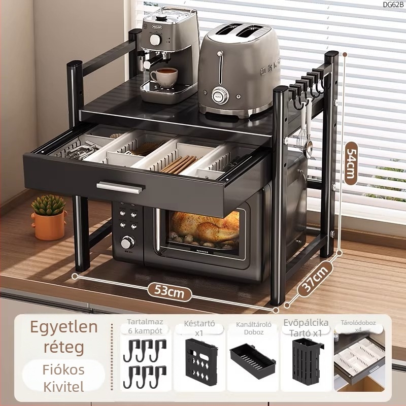Rozsdamentes acélból készült mikrosütő állvány fiókkal — konyhai tároló a pulton, modern minimalist dizájn