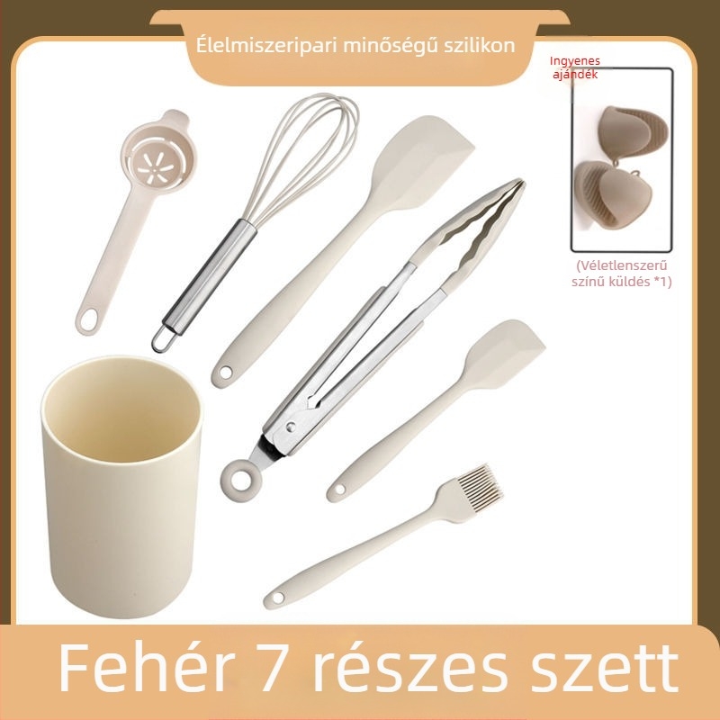 7 darabos élelmiszer-minőségű szilikon sütőeszközök készlet, hőálló spatula, kikenő ecset, tojásverő, élelmiszer-klipsz, lapát