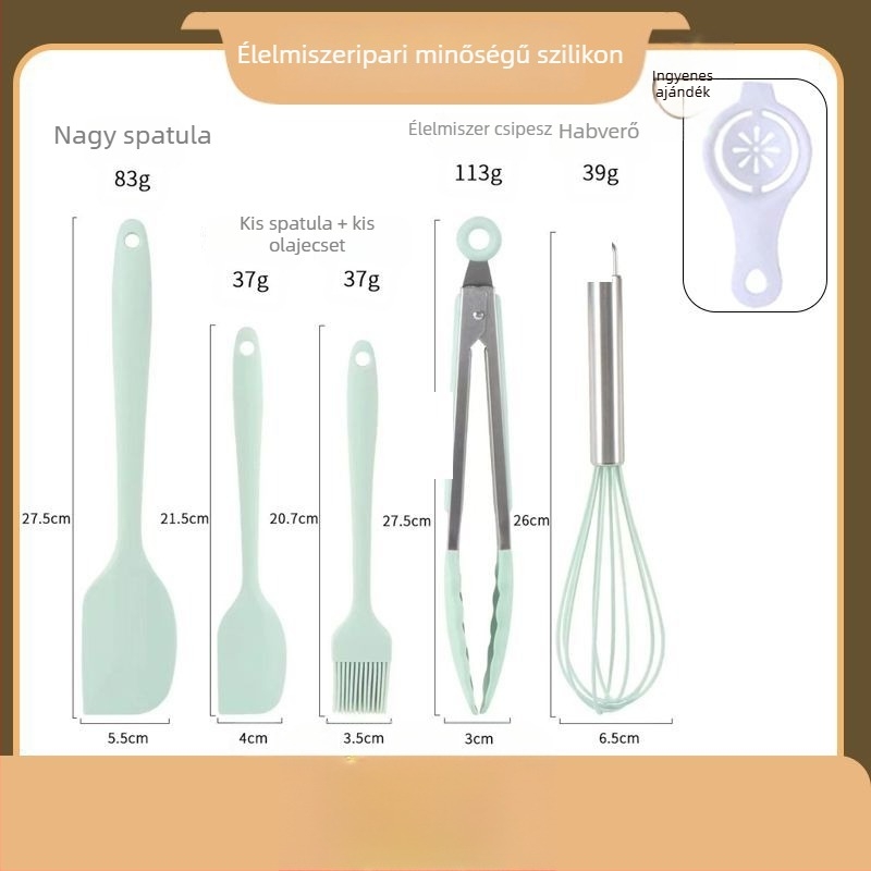 7 darabos élelmiszer-minőségű szilikon sütőeszközök készlet, hőálló spatula, kikenő ecset, tojásverő, élelmiszer-klipsz, lapát
