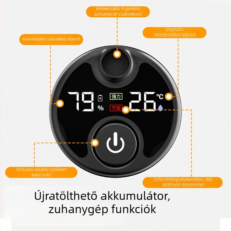 Hordozható elektromos zuhanyzó falra szerelhető, digitális kijelzővel, kollégiumokban, vidéki otthonokban és kültéri használatra.