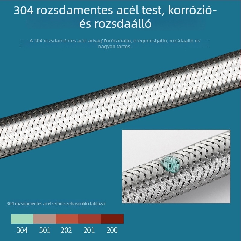 304 rozsdamentes acélból készült hajlékony, bordázott tömlő vízmelegítő csatlakozásához, WC bemenet, forró és hideg víz