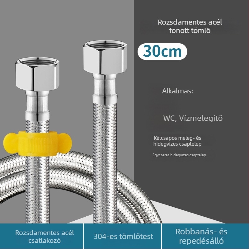 304 rozsdamentes acélból készült hajlékony, bordázott tömlő vízmelegítő csatlakozásához, WC bemenet, forró és hideg víz
