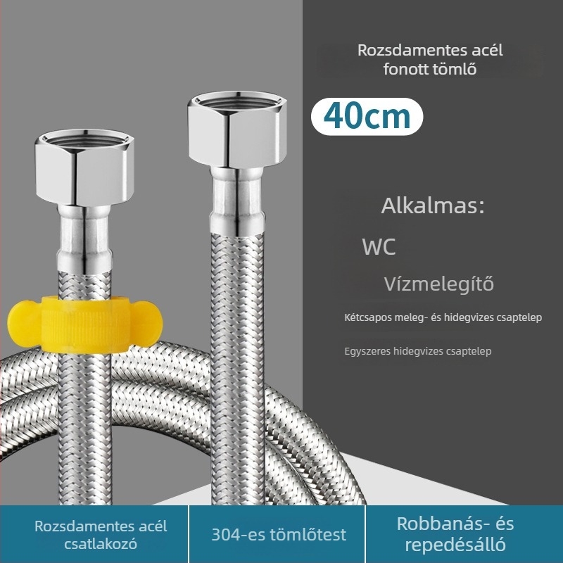304 rozsdamentes acélból készült hajlékony, bordázott tömlő vízmelegítő csatlakozásához, WC bemenet, forró és hideg víz