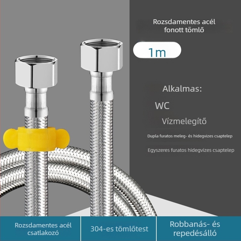 304 rozsdamentes acélból készült hajlékony, bordázott tömlő vízmelegítő csatlakozásához, WC bemenet, forró és hideg víz