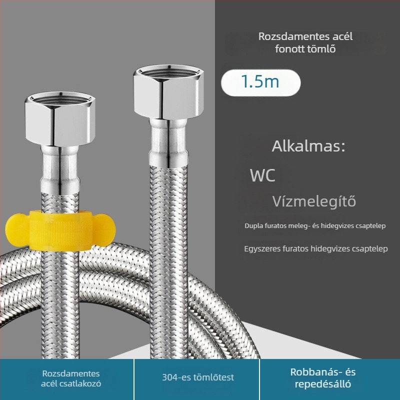 304 rozsdamentes acélból készült hajlékony, bordázott tömlő vízmelegítő csatlakozásához, WC bemenet, forró és hideg víz