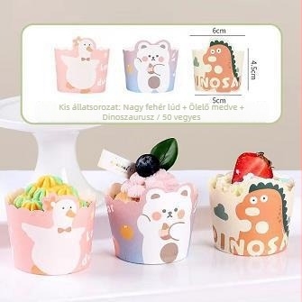 Közepes méretű papírtálkák süteményekhez otthoni használatra, hőálló, egyszer használatos muffin formák aranyos karikatúra mintával, 50 darab.