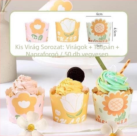Közepes méretű papírtálkák süteményekhez otthoni használatra, hőálló, egyszer használatos muffin formák aranyos karikatúra mintával, 50 darab.
