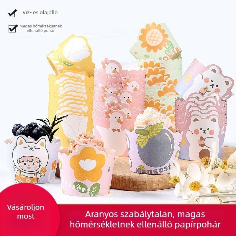 Közepes méretű papírtálkák süteményekhez otthoni használatra, hőálló, egyszer használatos muffin formák aranyos karikatúra mintával, 50 darab.