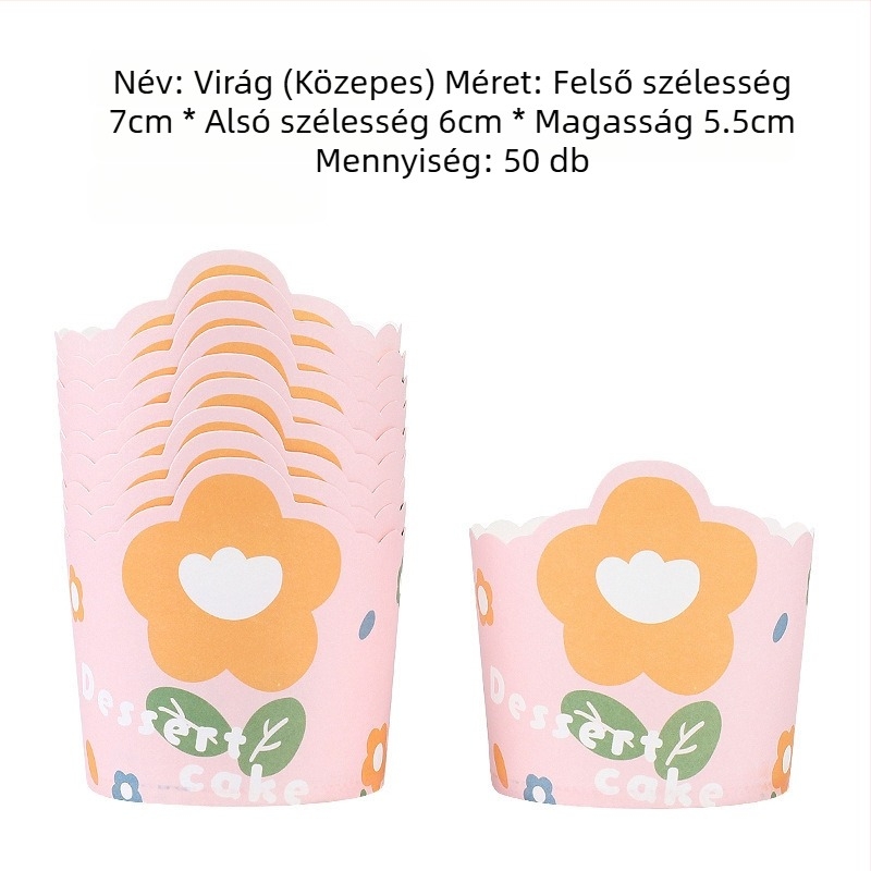 Közepes méretű papírtálkák süteményekhez otthoni használatra, hőálló, egyszer használatos muffin formák aranyos karikatúra mintával, 50 darab.
