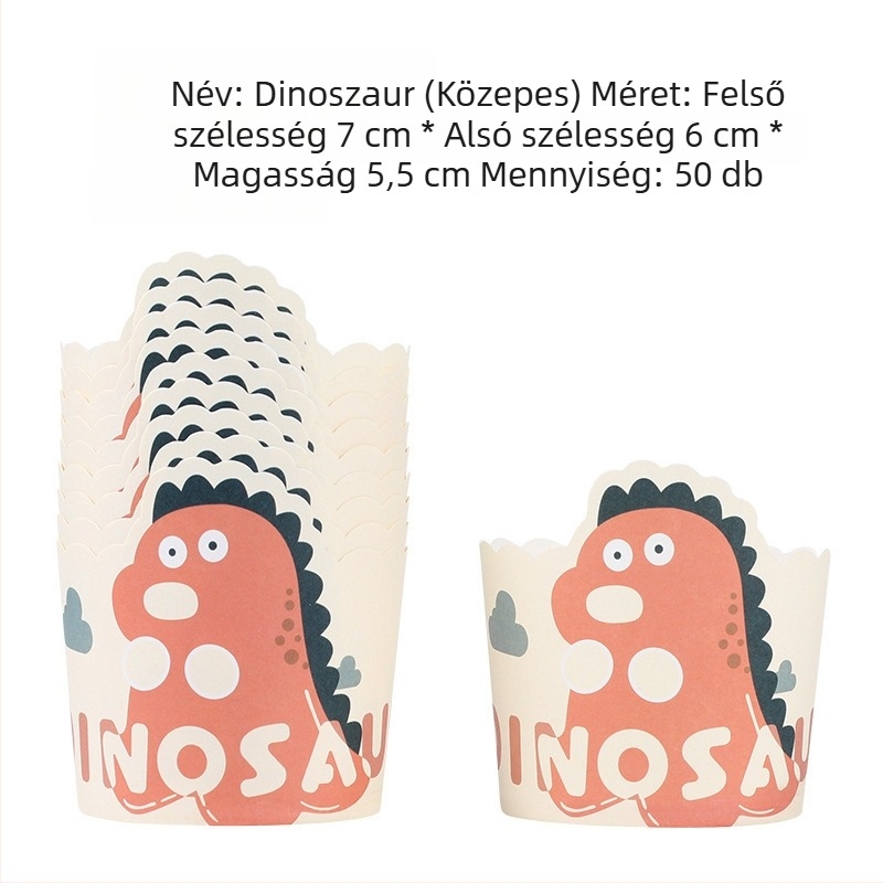 Közepes méretű papírtálkák süteményekhez otthoni használatra, hőálló, egyszer használatos muffin formák aranyos karikatúra mintával, 50 darab.