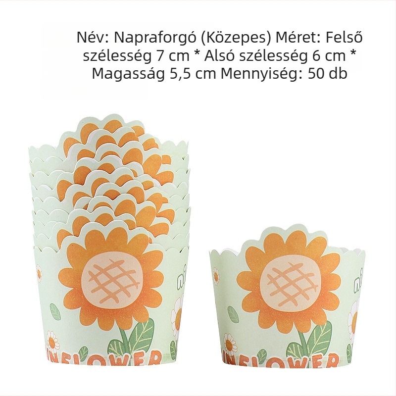 Közepes méretű papírtálkák süteményekhez otthoni használatra, hőálló, egyszer használatos muffin formák aranyos karikatúra mintával, 50 darab.