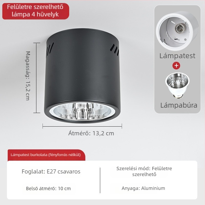 E27 kör alakú felületszerelt downlight, 4–6 hüvelyk, retro kivitelű ház és lámpabúra a mennyezetre vagy lánccal függesztett