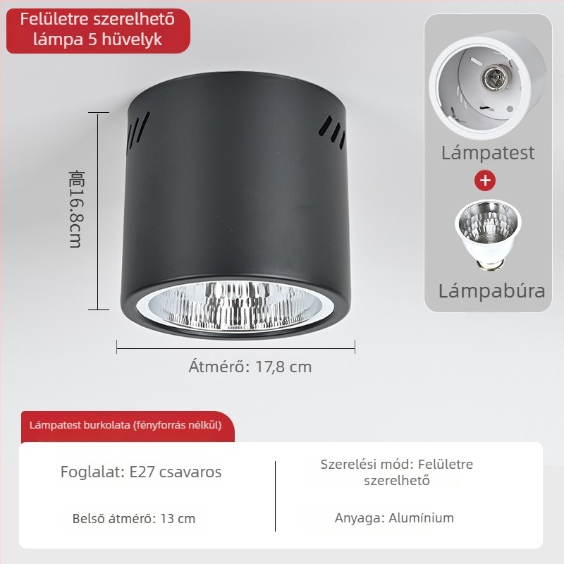 E27 kör alakú felületszerelt downlight, 4–6 hüvelyk, retro kivitelű ház és lámpabúra a mennyezetre vagy lánccal függesztett