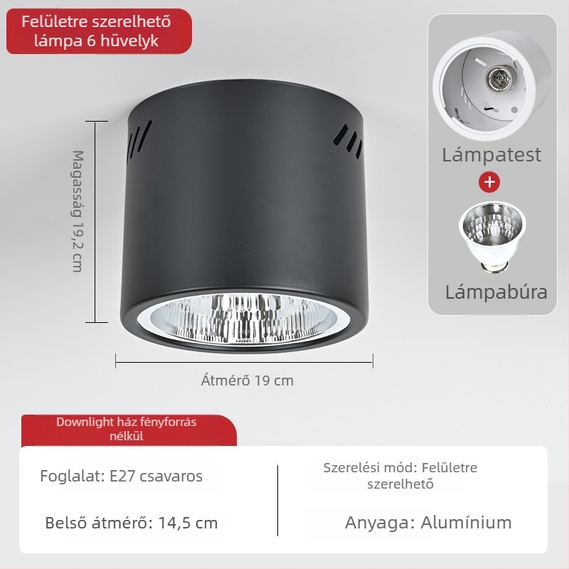 E27 kör alakú felületszerelt downlight, 4–6 hüvelyk, retro kivitelű ház és lámpabúra a mennyezetre vagy lánccal függesztett