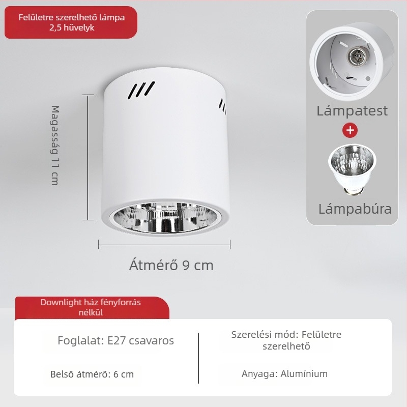 E27 kör alakú felületszerelt downlight, 4–6 hüvelyk, retro kivitelű ház és lámpabúra a mennyezetre vagy lánccal függesztett