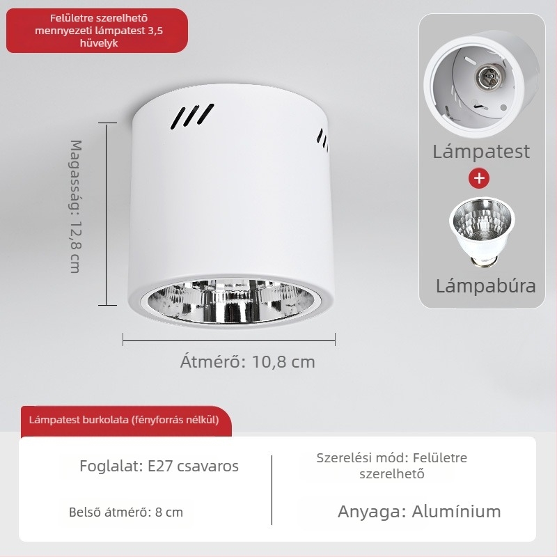 E27 kör alakú felületszerelt downlight, 4–6 hüvelyk, retro kivitelű ház és lámpabúra a mennyezetre vagy lánccal függesztett