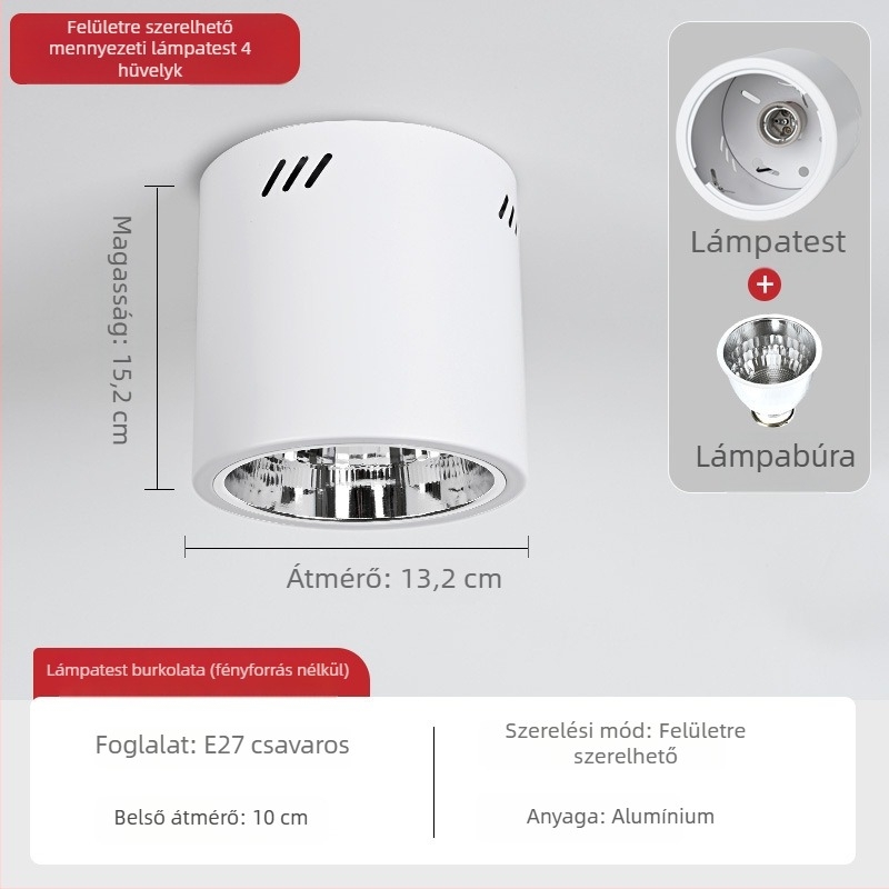 E27 kör alakú felületszerelt downlight, 4–6 hüvelyk, retro kivitelű ház és lámpabúra a mennyezetre vagy lánccal függesztett