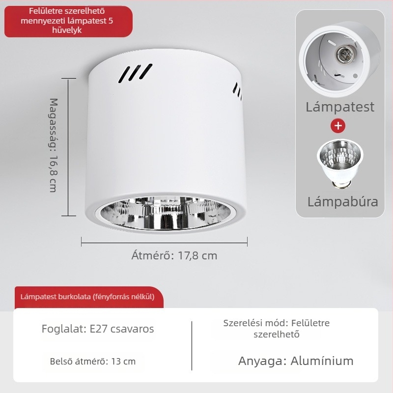 E27 kör alakú felületszerelt downlight, 4–6 hüvelyk, retro kivitelű ház és lámpabúra a mennyezetre vagy lánccal függesztett