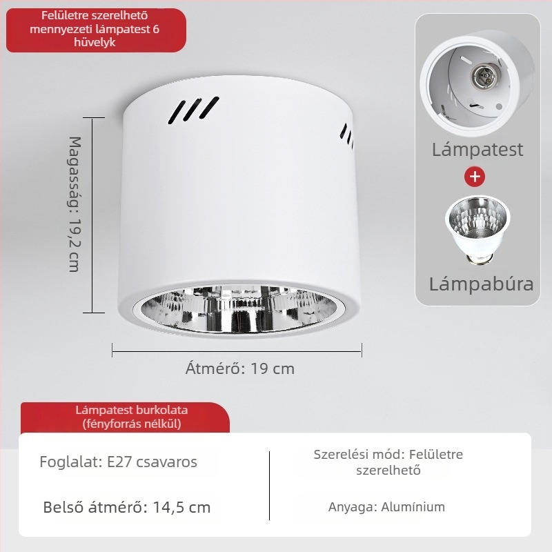 E27 kör alakú felületszerelt downlight, 4–6 hüvelyk, retro kivitelű ház és lámpabúra a mennyezetre vagy lánccal függesztett