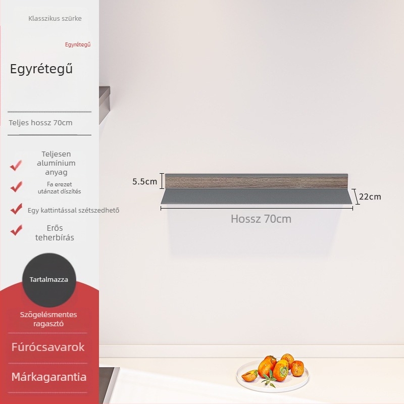 Fali konyhai polc L-alakú alumíniumötvözetből, fűszerek és edények tárolására