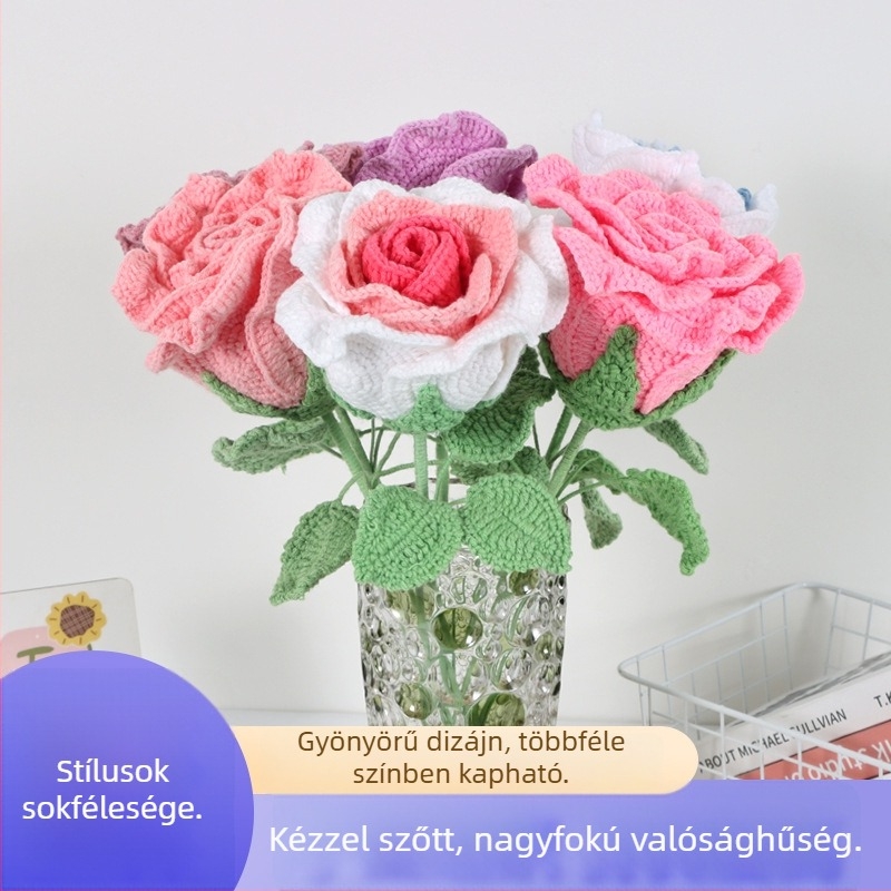 Kézzel kötött gyapjú virág – thai rózsa, kész gyapjú virág Valentin-napra