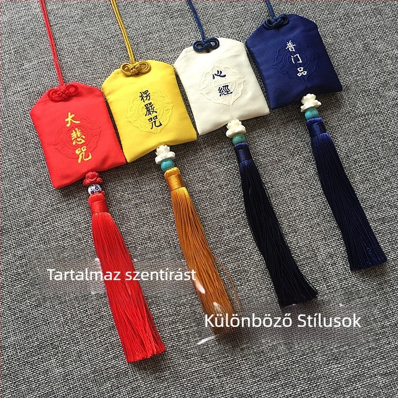 Autómedál Shurangama mantra szöveggel — biztonsági talisman és imádságos tasak csomóval