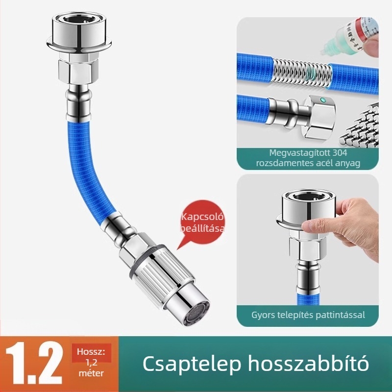 Univerzális csaptelep-hosszabbító cső kapcsolóval és anti-spray fejjel, 304 rozsdamentes acél