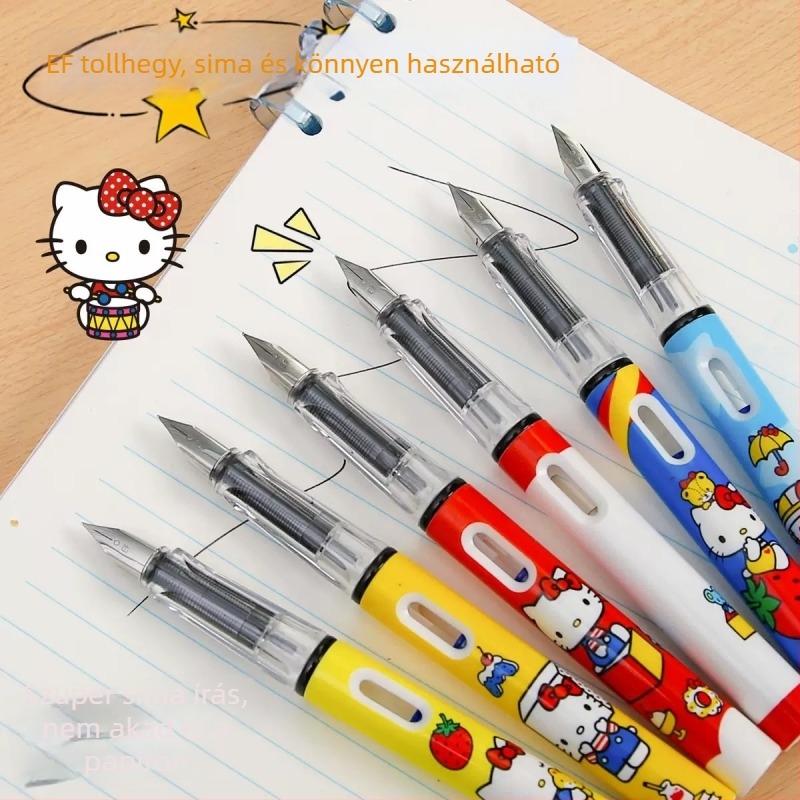 Hello Kitty töltőtoll dobozos készletben, elegáns kialakítás, írásgyakorlásra, cserélhető tintapatronokkal, diákoknak
