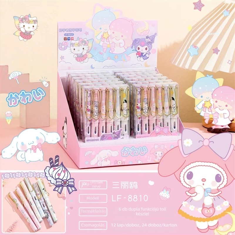 Hello Kitty töltőtoll dobozos készletben, elegáns kialakítás, írásgyakorlásra, cserélhető tintapatronokkal, diákoknak