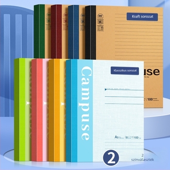 B5 méretű puha borítású notesz ragasztott kötésű, 75 g/m² papír, 100–200 oldal, munkához, iskolához és naplózáshoz