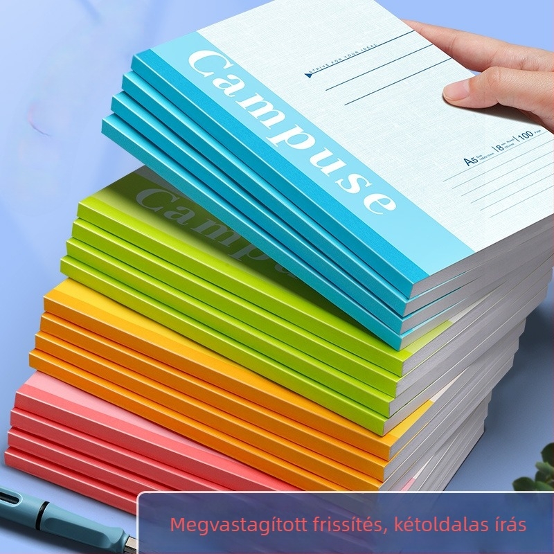 B5 méretű puha borítású notesz ragasztott kötésű, 75 g/m² papír, 100–200 oldal, munkához, iskolához és naplózáshoz