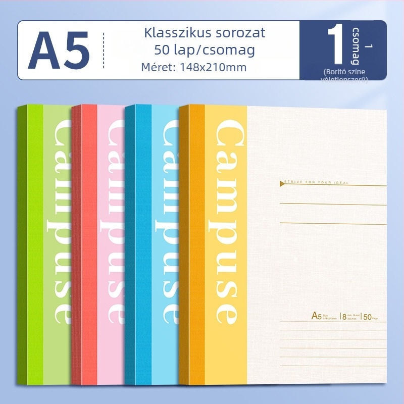 B5 méretű puha borítású notesz ragasztott kötésű, 75 g/m² papír, 100–200 oldal, munkához, iskolához és naplózáshoz