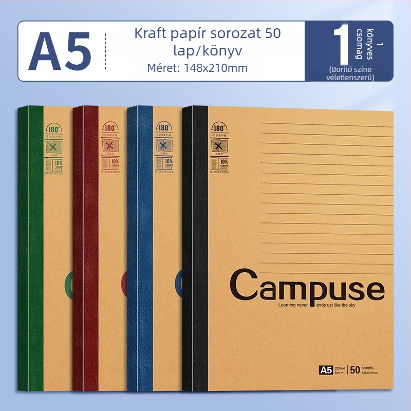 B5 méretű puha borítású notesz ragasztott kötésű, 75 g/m² papír, 100–200 oldal, munkához, iskolához és naplózáshoz