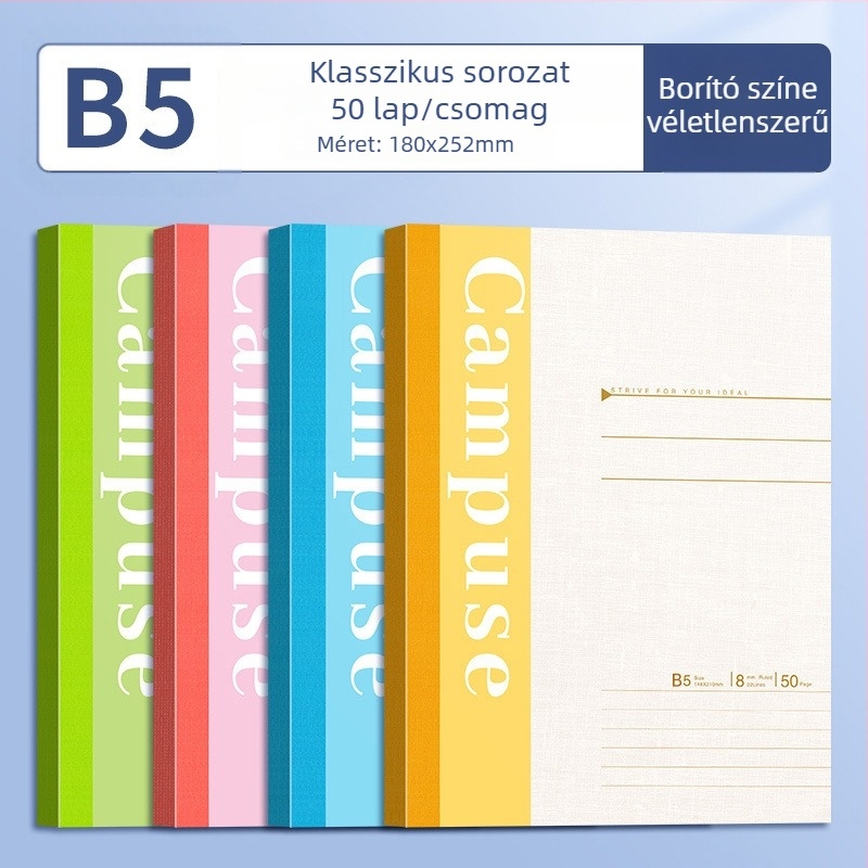 B5 méretű puha borítású notesz ragasztott kötésű, 75 g/m² papír, 100–200 oldal, munkához, iskolához és naplózáshoz