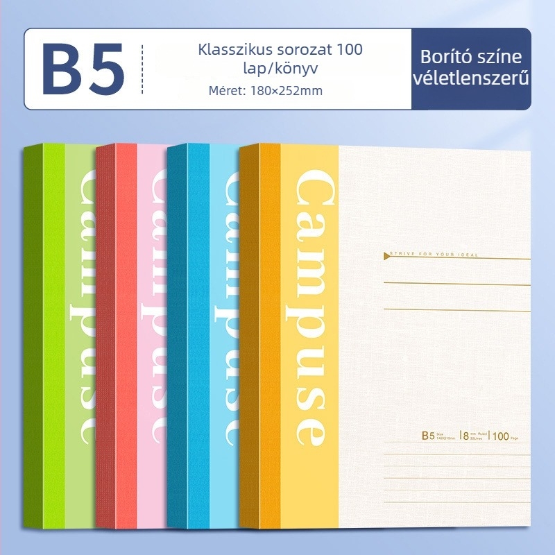 B5 méretű puha borítású notesz ragasztott kötésű, 75 g/m² papír, 100–200 oldal, munkához, iskolához és naplózáshoz
