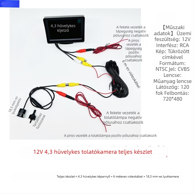 12V-24V 4,3 hüvelykes HD hátsó nézet monitor teherautók és személyautók számára, AV interfésszel és univerzális jármű kijelzővel