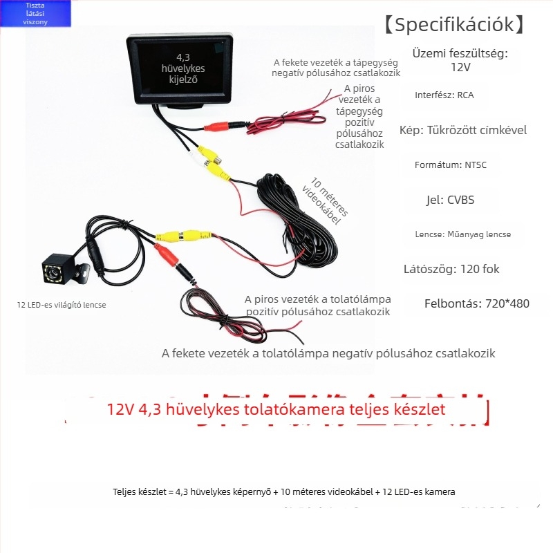 12V-24V 4,3 hüvelykes HD hátsó nézet monitor teherautók és személyautók számára, AV interfésszel és univerzális jármű kijelzővel