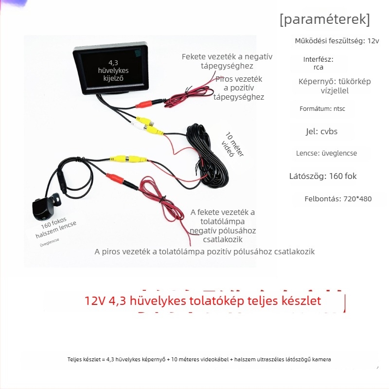 12V-24V 4,3 hüvelykes HD hátsó nézet monitor teherautók és személyautók számára, AV interfésszel és univerzális jármű kijelzővel