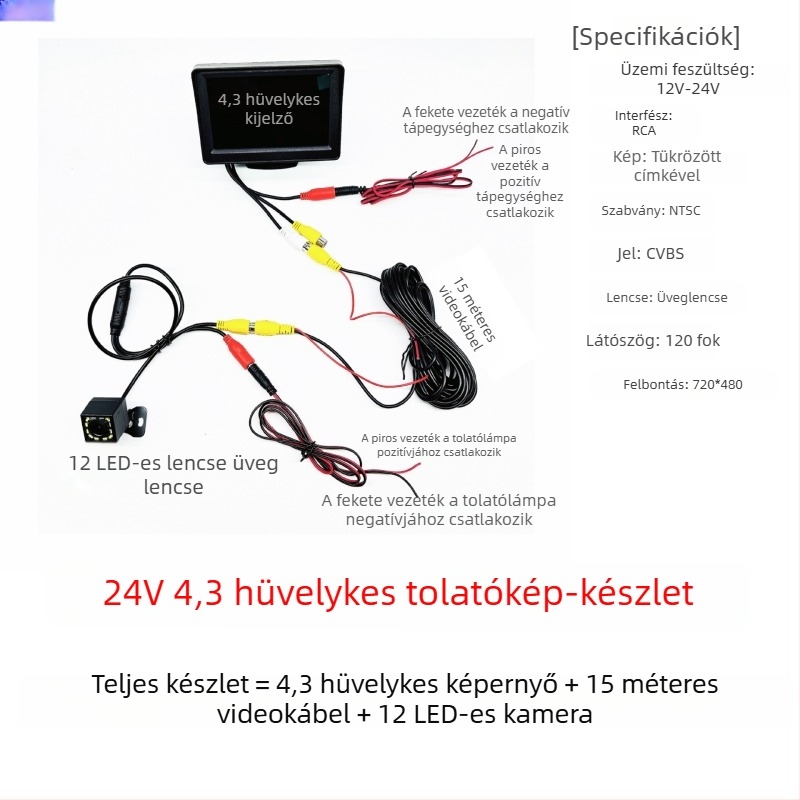 12V-24V 4,3 hüvelykes HD hátsó nézet monitor teherautók és személyautók számára, AV interfésszel és univerzális jármű kijelzővel